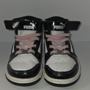 Puma Kids Black & White High-Top Sneakers with Pink Laces